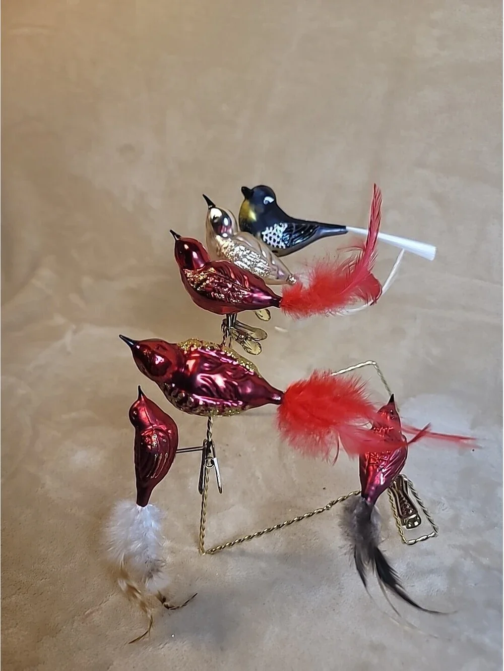 5 Vintage Mercury Glass Clip on Bird Christmas Ornaments Feathers & Spun Tails